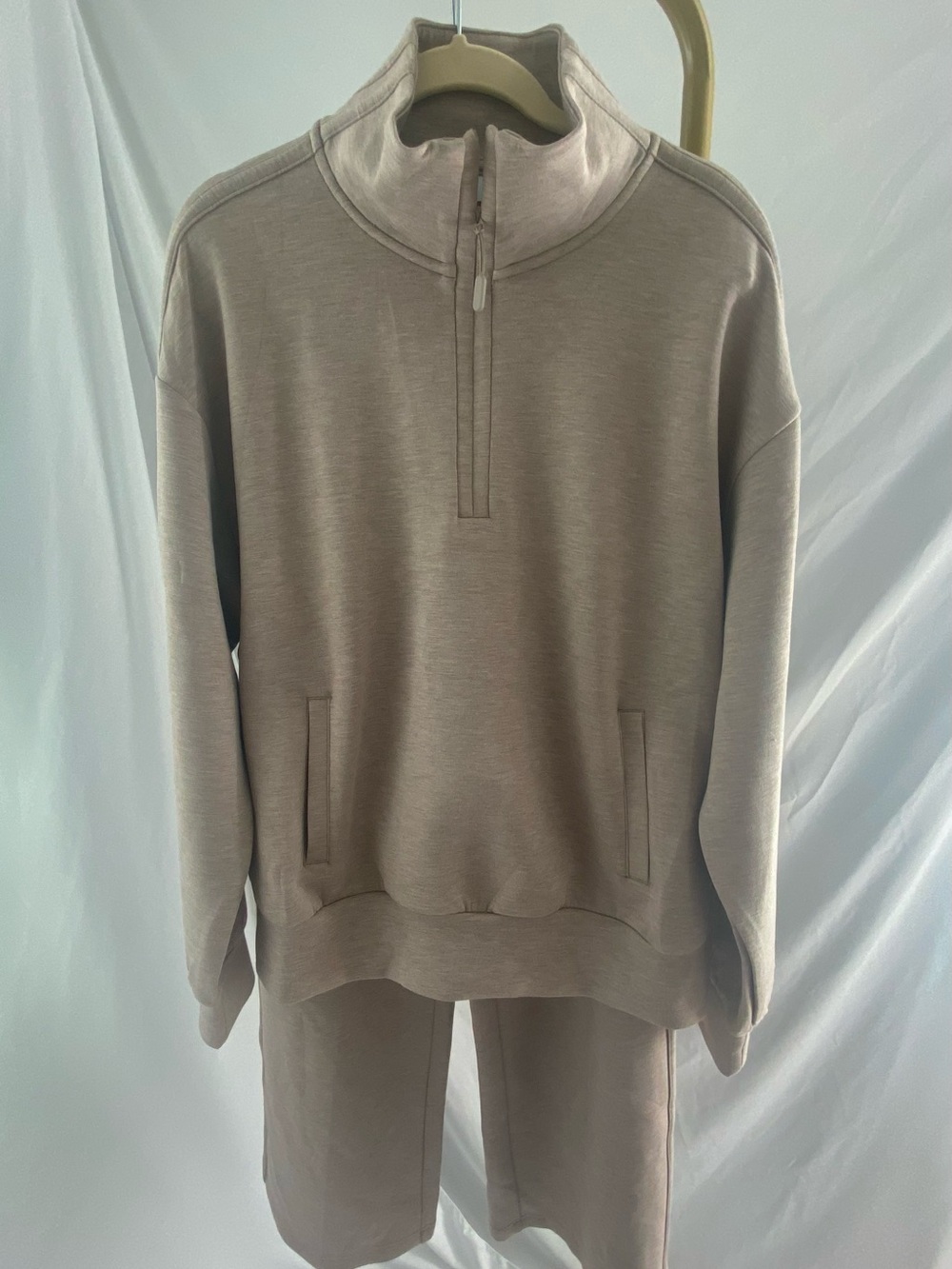 FLEX Women’s Taupe 2-Piece Lounge Set – Half-Zip Pullover & Wide-Leg Pants – Lar